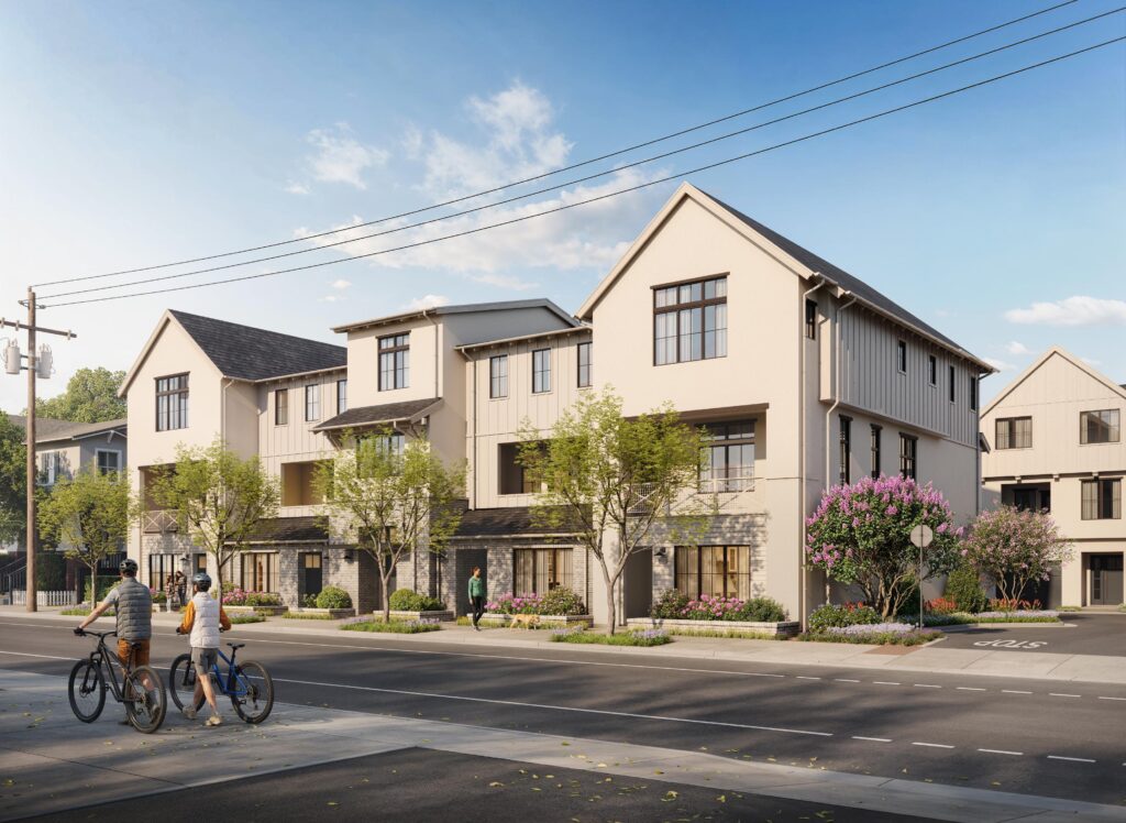 Close-up exterior rendering of modern craftsman townhomes at Parklane with pedestrians