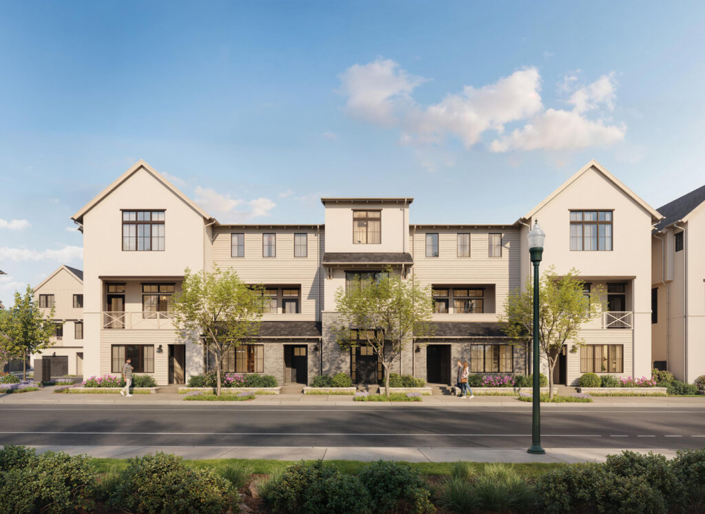 Front facade rendering of Parklane multi-story townhomes with pedestrians on the sidewalk