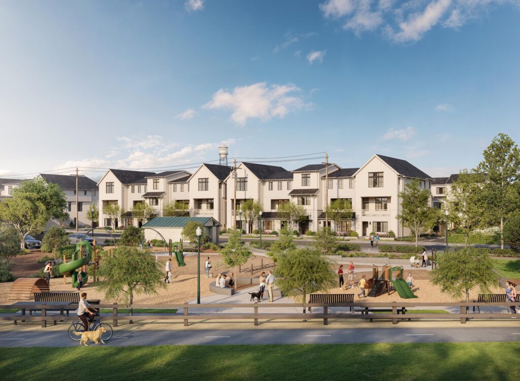 Exterior rendering of Parklane multi-story townhomes across from Campbell Park with people on the sidewalk