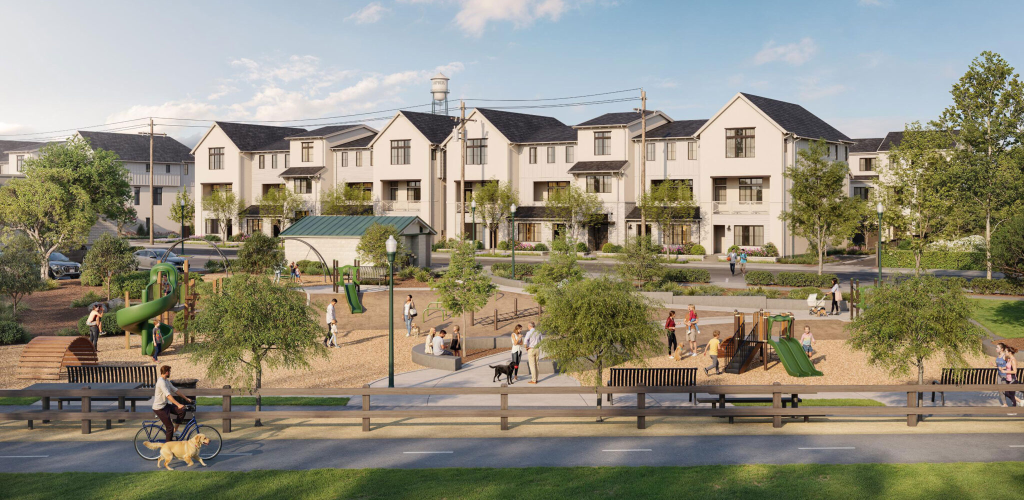 Panoramic exterior rendering of modern craftsman townhomes at Parklane bordering green park space