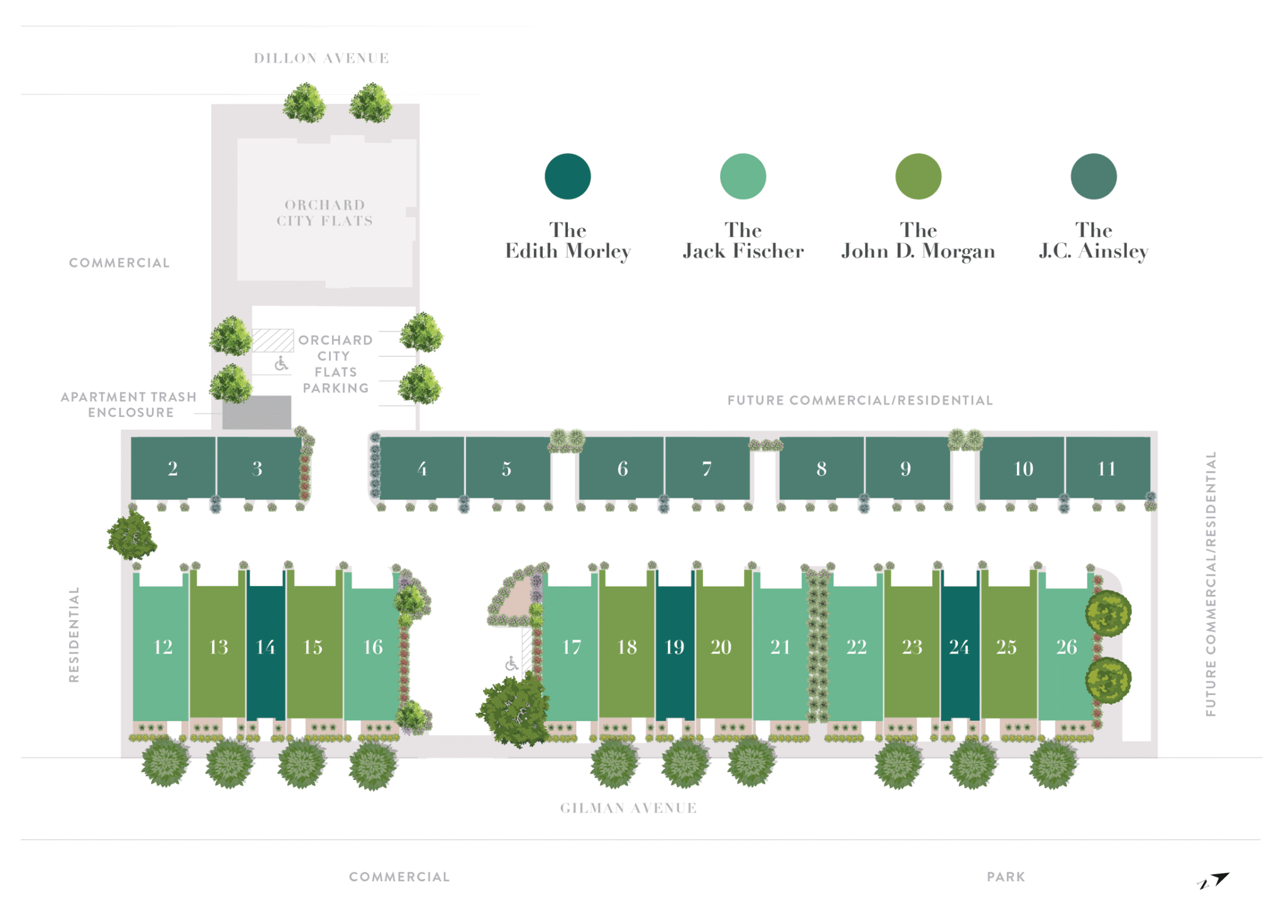 Site plan map for the Parklane residential development showing numbered lots 2 through 26 along Gilman Avenue.