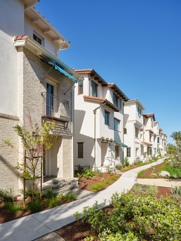 Landscaped walkway between Marabel townhomes in Newark, CA