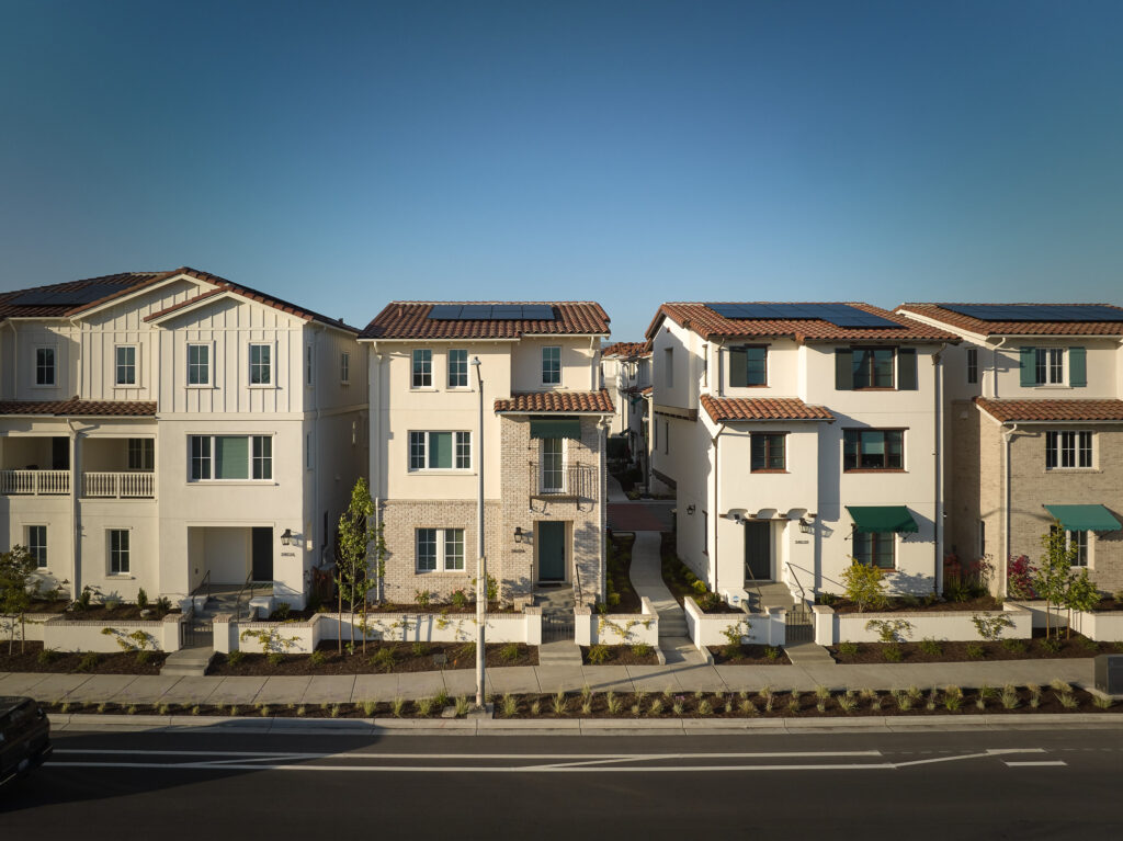 Street view of Robson Homes Marabel new construction townhomes in Newark, CA