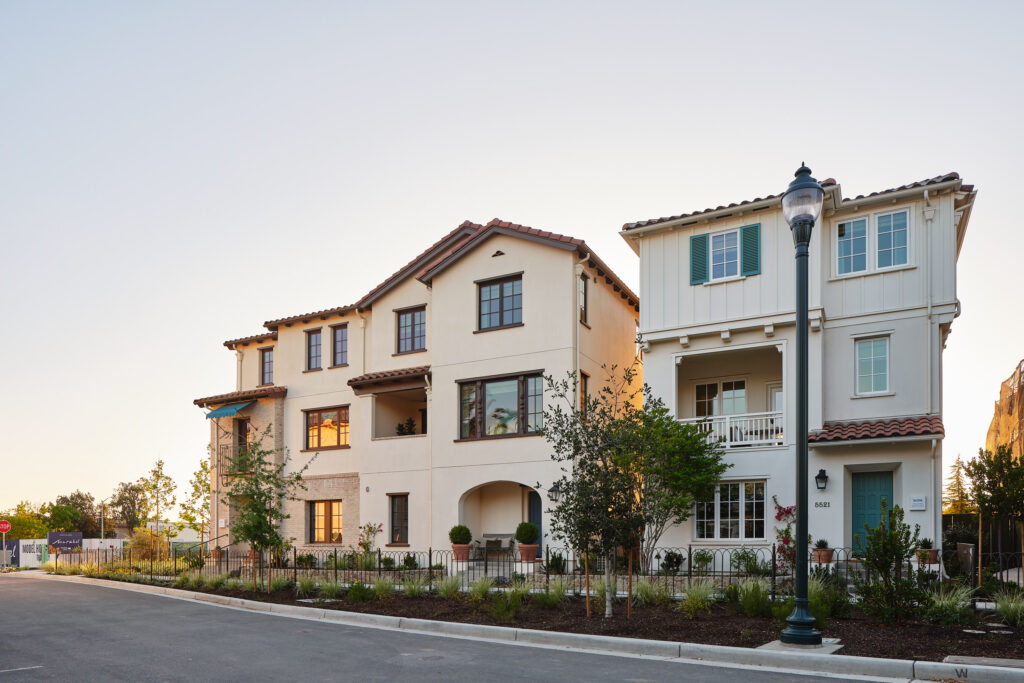 Row of Marabel townhomes by Robson Homes with Spanish-style architecture in Newark, CA