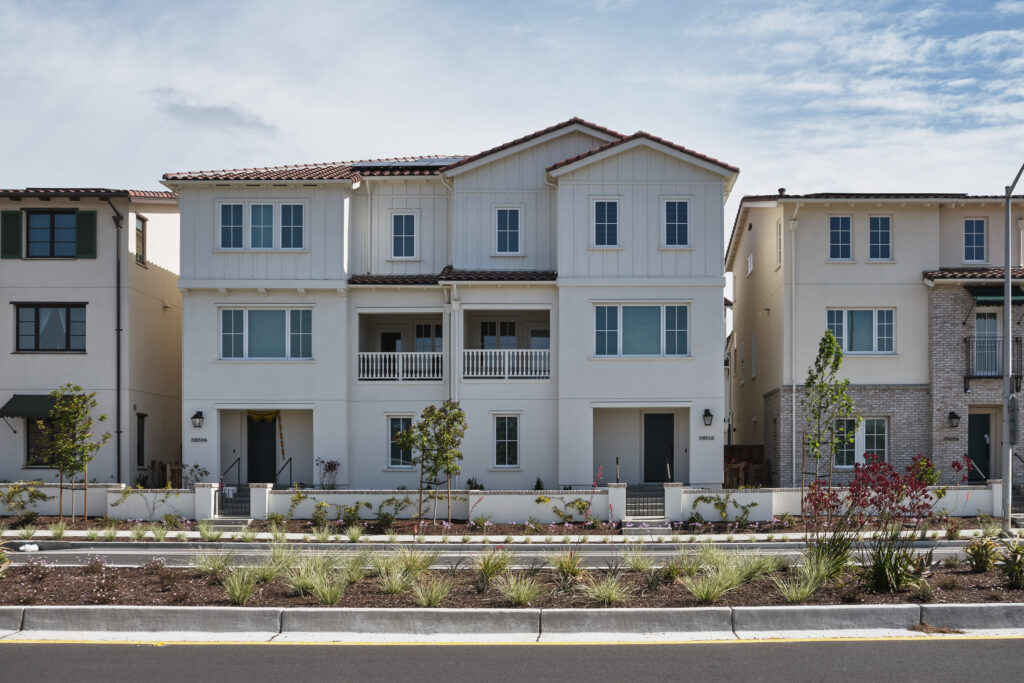 Street view of two Marabel townhomes with driveway in Newark, CA